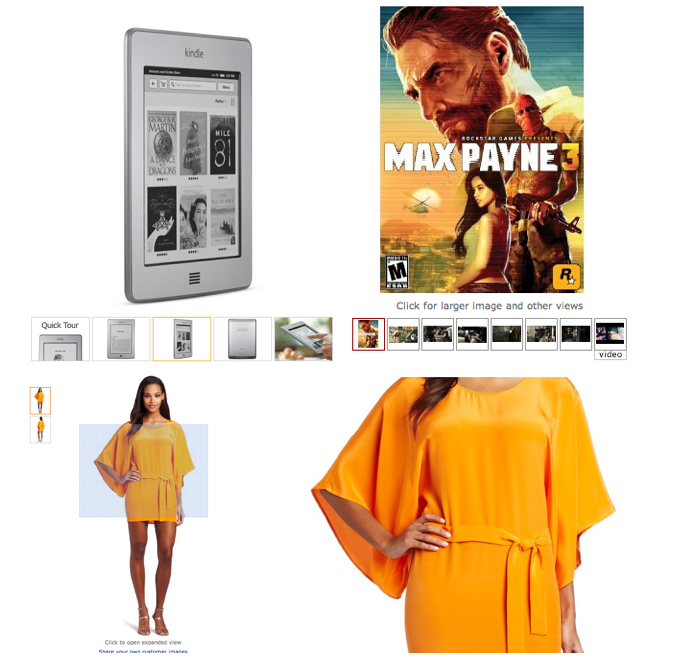 Ecommerce site product descriptions of a yellow dress, kindle and video game.