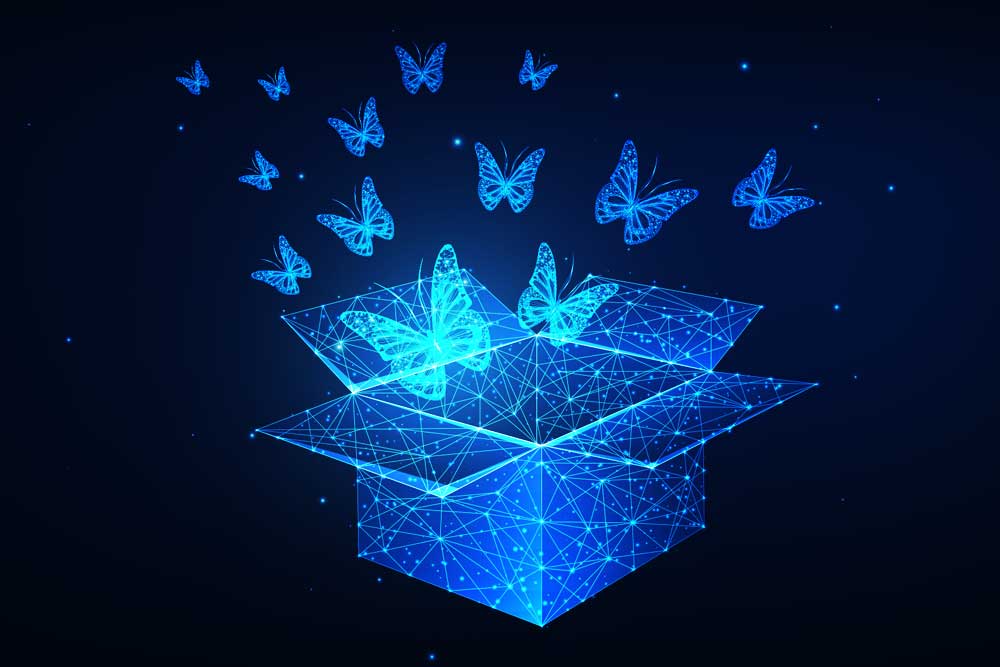 The butterfly effect in the supply chain created by a lack of supply chain visibility. Visual has butterflies coming out of a shipping box.
