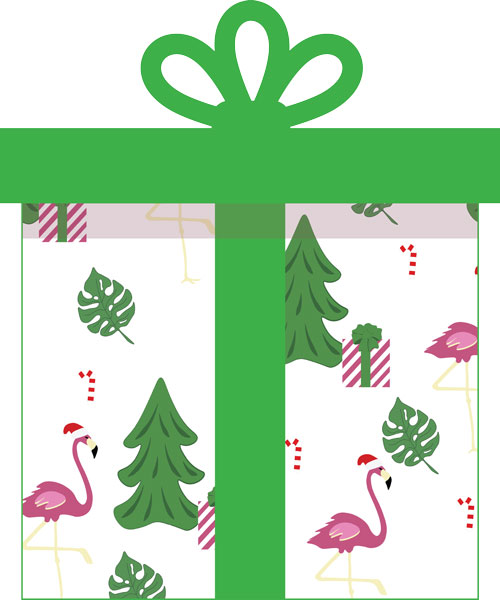 Green present with flamingo wrapping paper