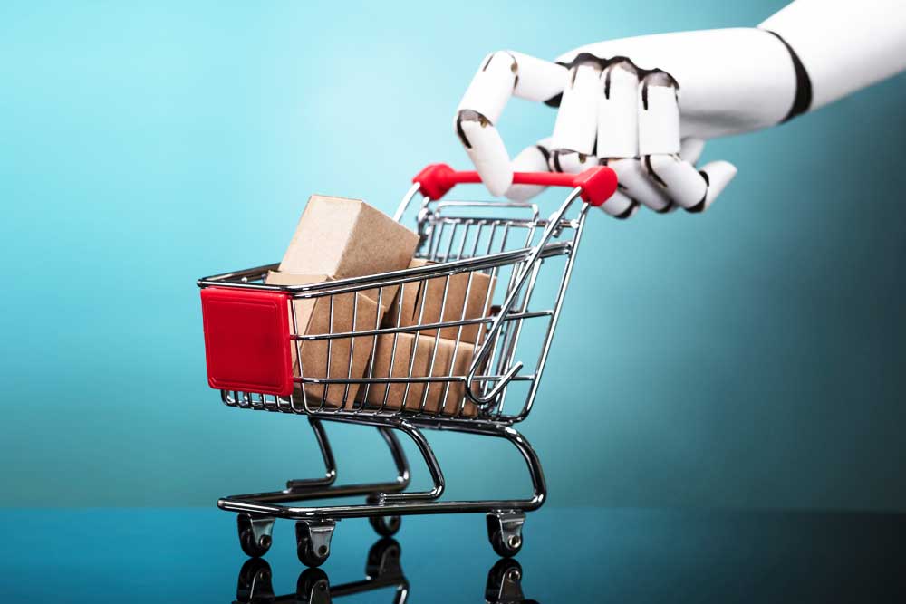 AI pushing a shopping cart filled with shipping boxes