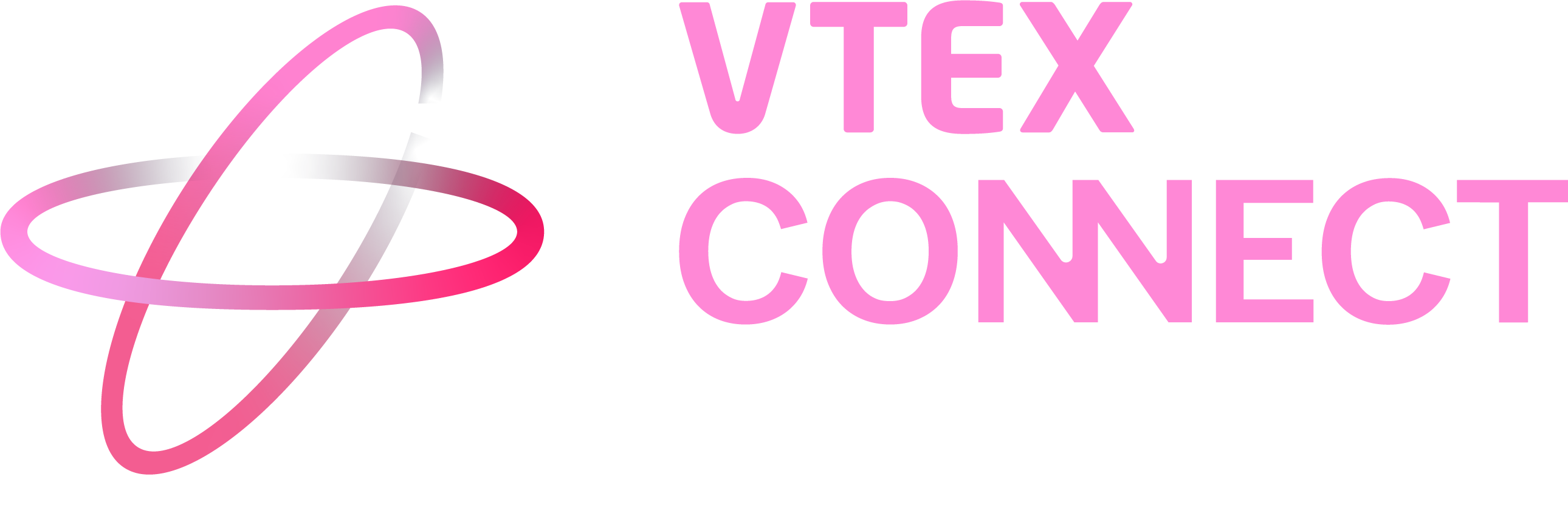 VTEX Connect Stacked on top of each other in pink then Live | NYC underneath in white with two pink rings crossed on the left of the words.